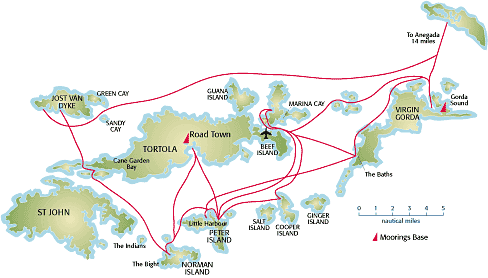 A Moorings map of the BVI, with sample sailing routes